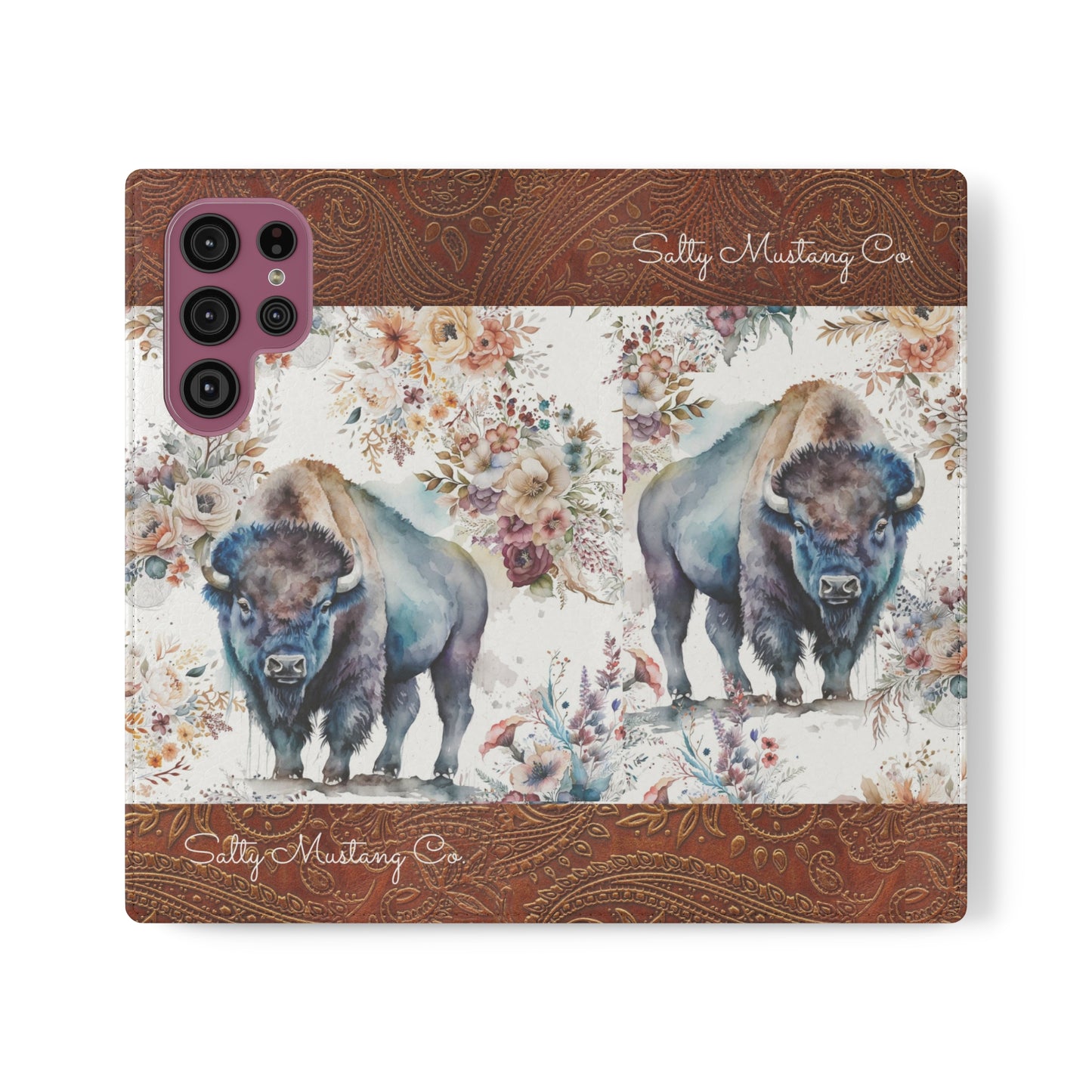 Buffalo Rose Leather Print Samsung Flip Cases