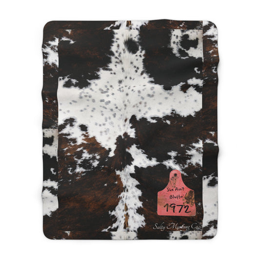 Ear Tag# 1972 She Ain't Bluffin', Tri-Color/Brindle Cow Hide Print Sherpa Fleece Blanket