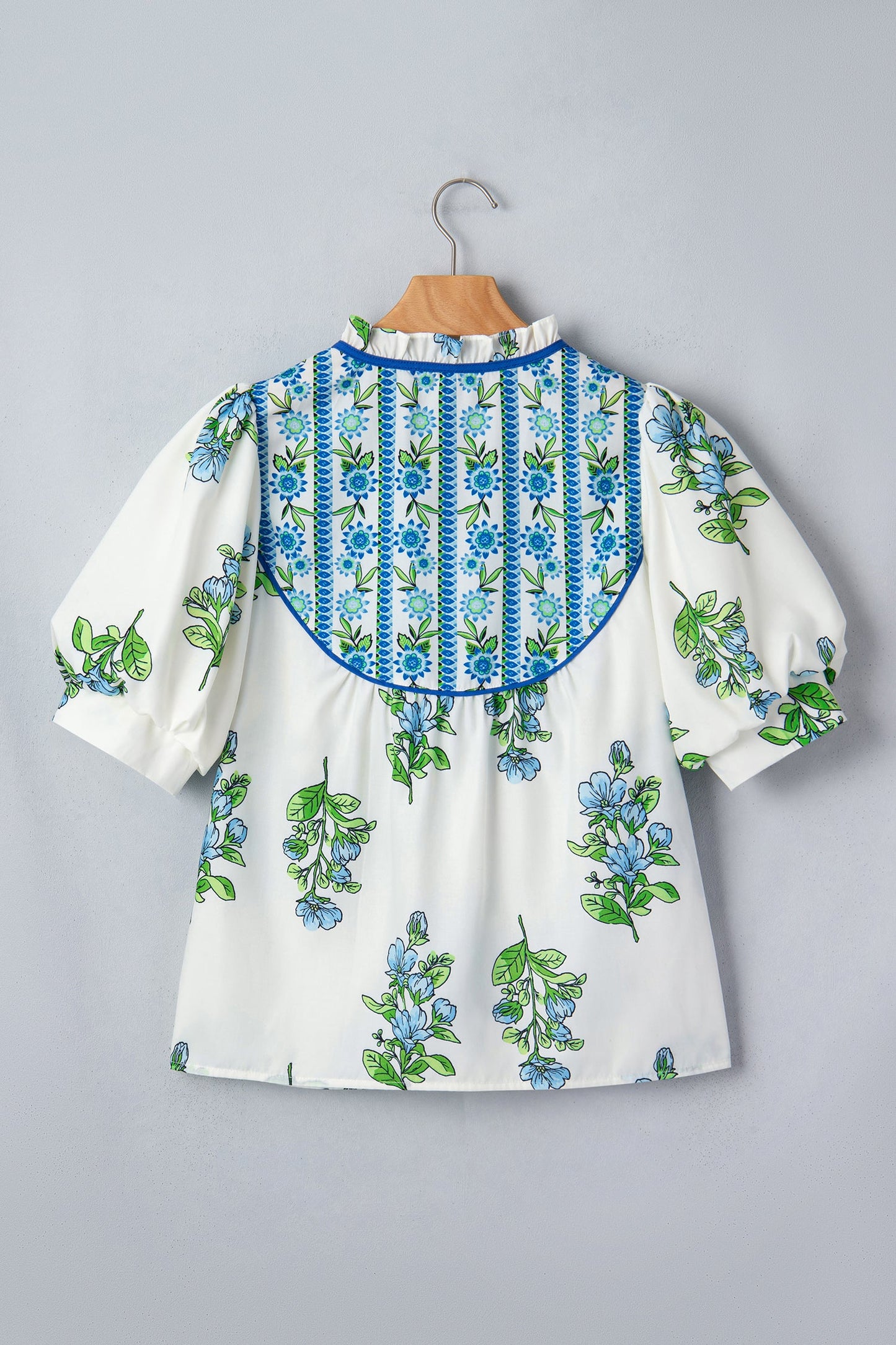 Floral Contrast Trim Tie Neck Blouse