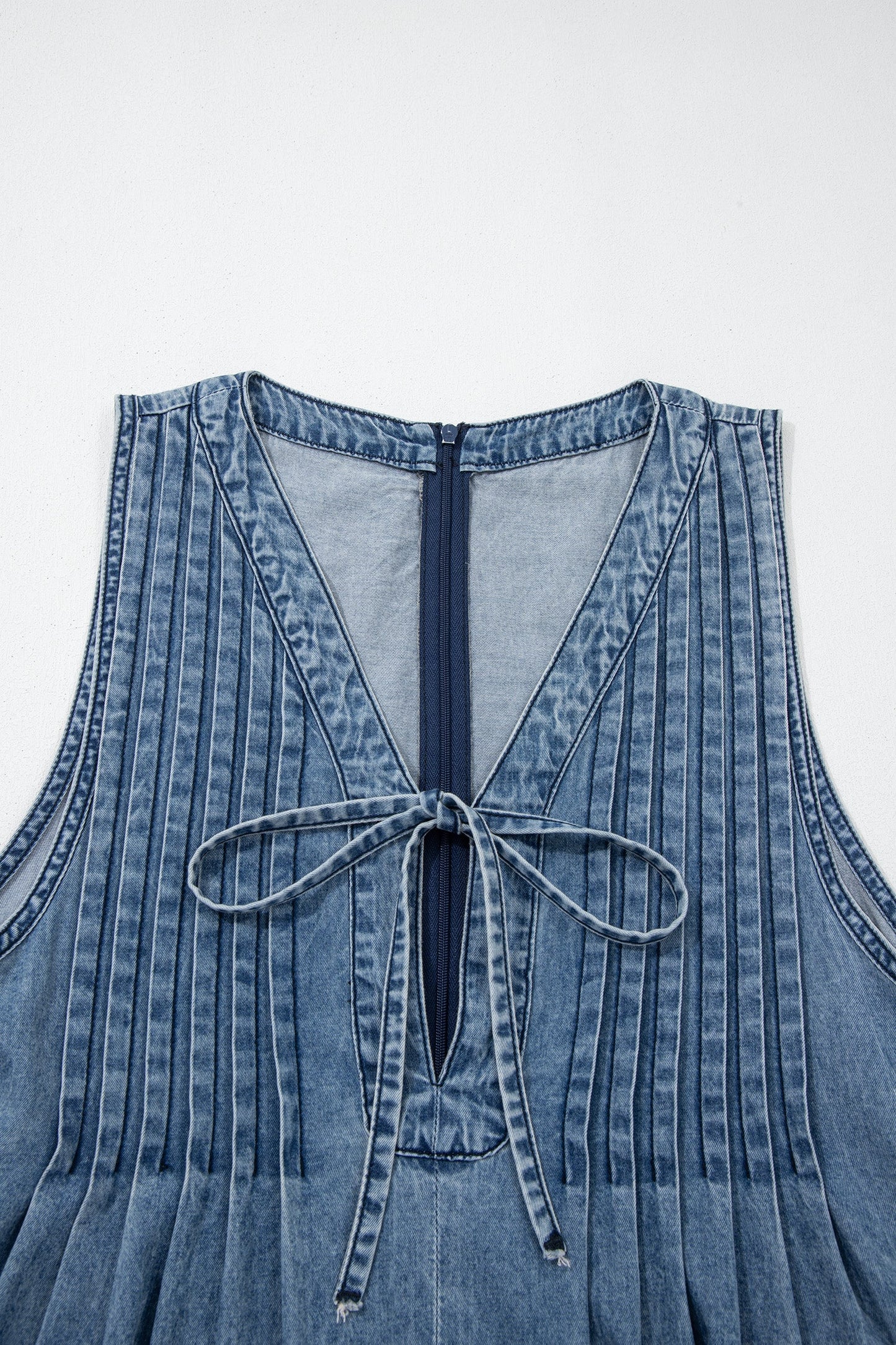 Acid Wash Denim Pleated Tie V-Neck Jumpsuit