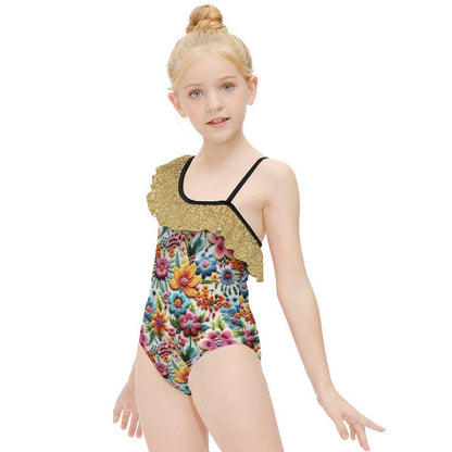Floral Embroidery and Glitter Print (not actual glitter, glitter print) Design Flounce One-Piece Swimsuit for Girls