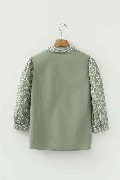 Floral Patchwork Contrast V-Neck Puff Sleeve Blouse
