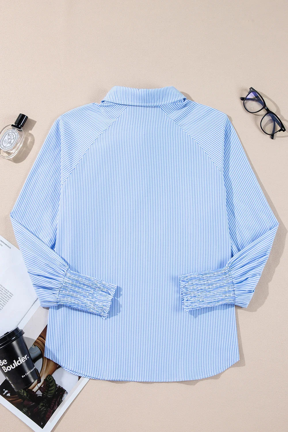 Stripe Buttoned Collar Smocked Long Sleeve Blouse