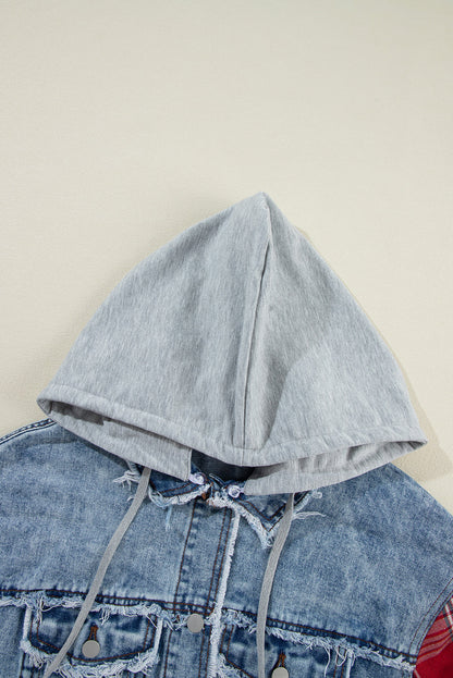 Plaid Patchwork Hooded Denim Jacket