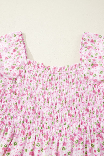Floral Bubble Sleeve Shirred Waist Maxi Dress