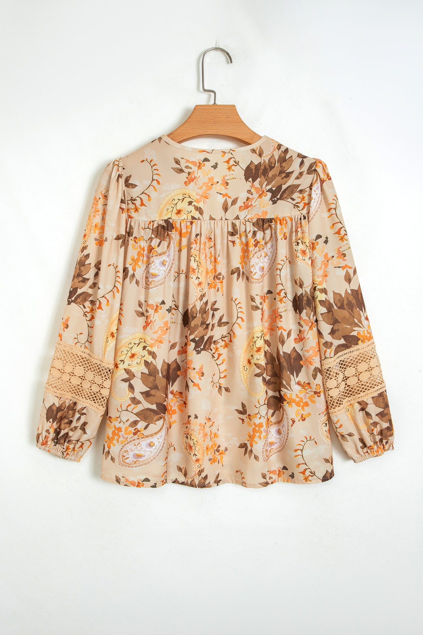 Paisley Lace Patchwork Long Sleeve V-Neck Blouse