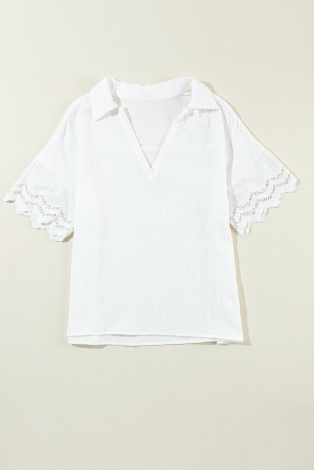 Embroidered Eyelet Crinkled Gauze Collared V-Neck Blouse
