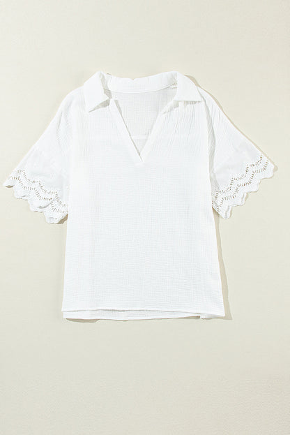 Embroidered Eyelet Crinkled Gauze Collared V-Neck Blouse