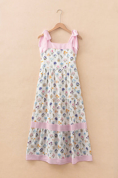 Floral Stripe Detail Knot Strap Maxi Dress