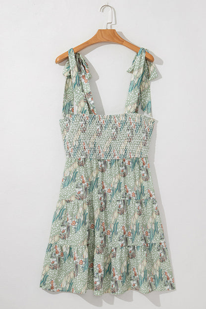 Floral Tie Straps Smocked Ruffle Tiered Dress