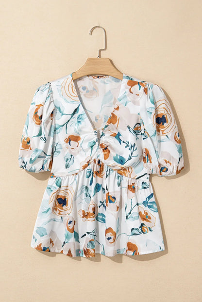 Floral Puff Sleeve V-Neck Babydoll Blouse