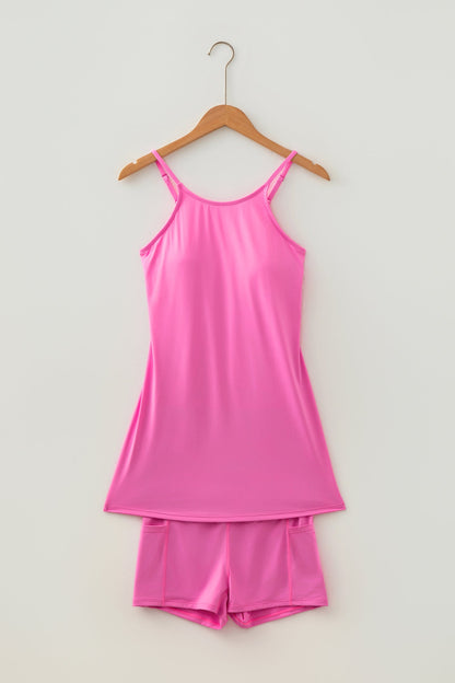 Solid Tunic Tank Dress & Shorts Athletic Set