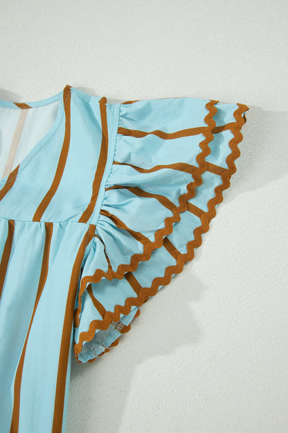 Stripe Ricrac Trim Double Ruffle Short Sleeve Blouse