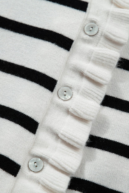Stripe Ruffle Knit Short Sleeve Buttoned Cardigan