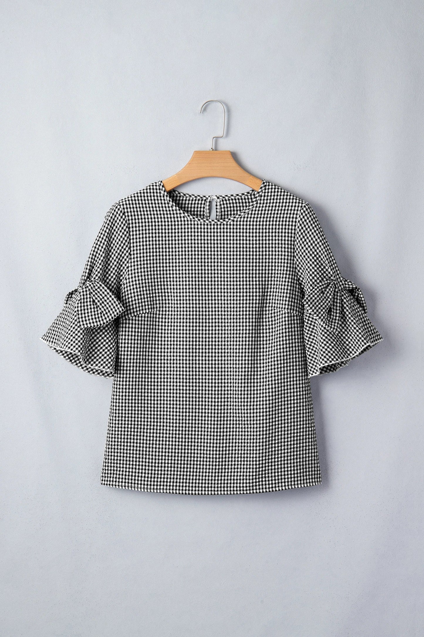 Gingham Plaid Bow Ruffle 3/4 Sleeve Blouse