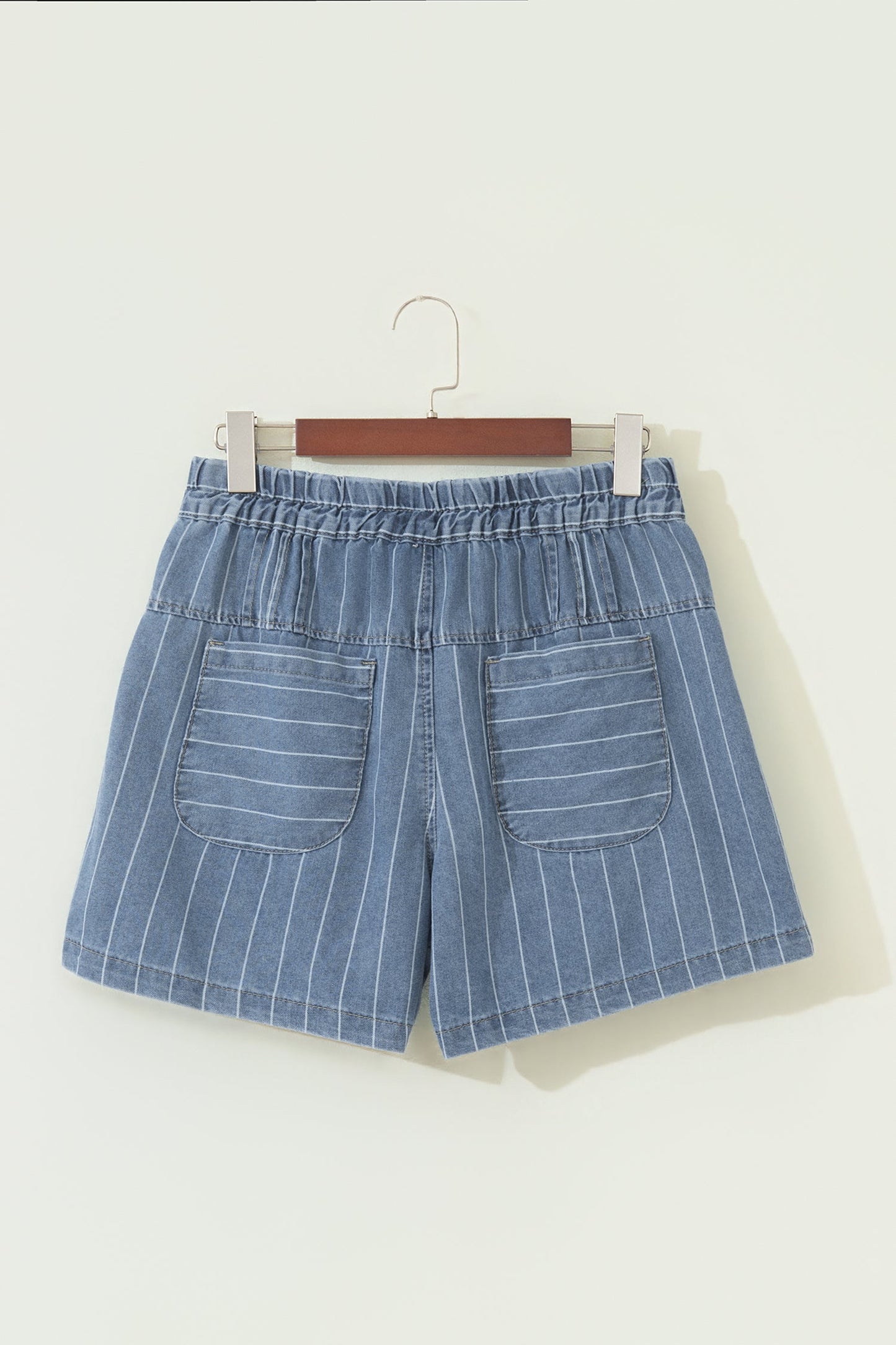 Stripe Denim Pleated Drawstring High Waist Shorts