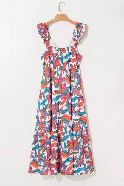 Floral Boho Ruffle Strap V-Neck Maxi Dress