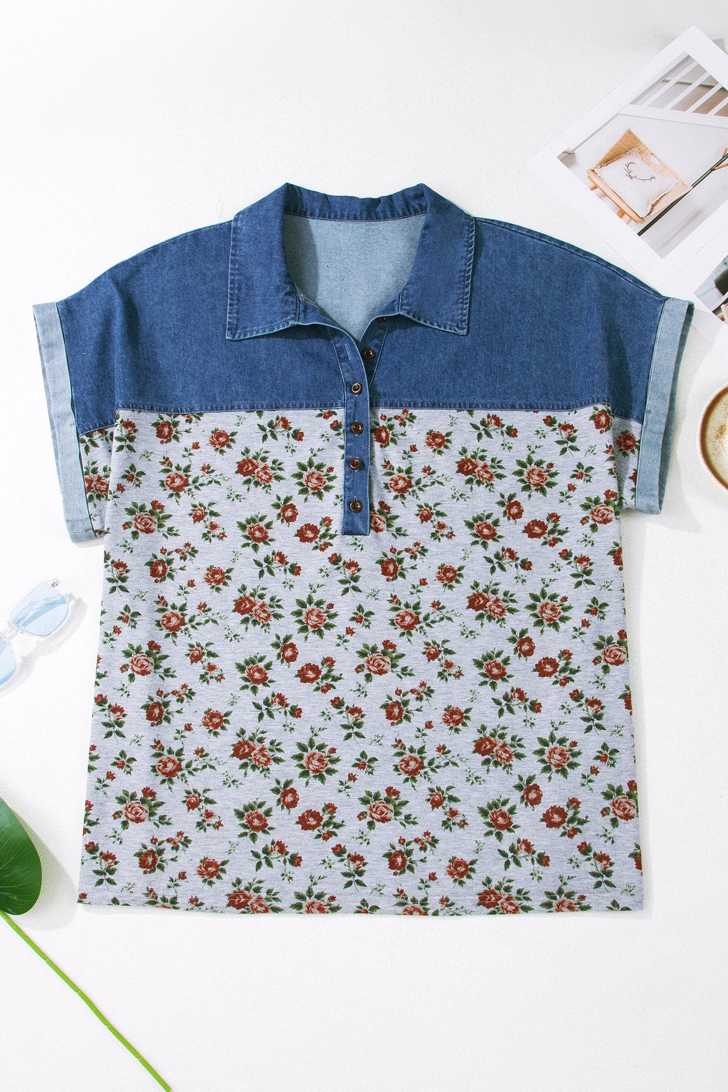 Plus Size Floral Denim Patchwork Polo Tee
