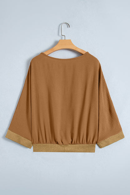 Metallic Trim 3/4 Sleeve Buttoned V-Neck Blouse