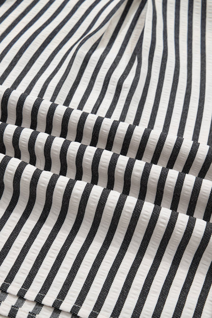 Stripe Collared V-Neck Bubble Sleeve Blouse
