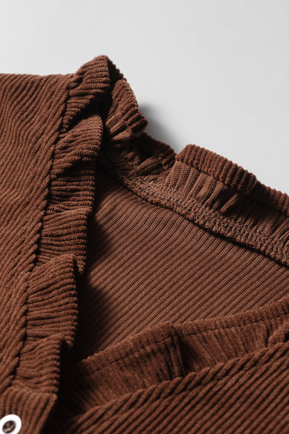 Solid Ruffle Trim V-Neck Long Sleeve Corduroy Shacket