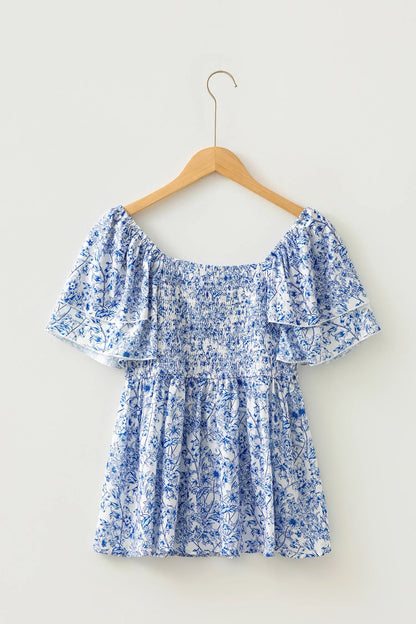 Floral Ruffle Sleeve Square Neck Babydoll Blouse