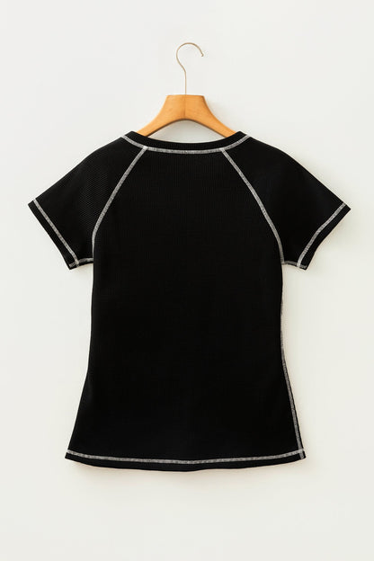 Waffle Textured Contrast Trim V-Neck Tee