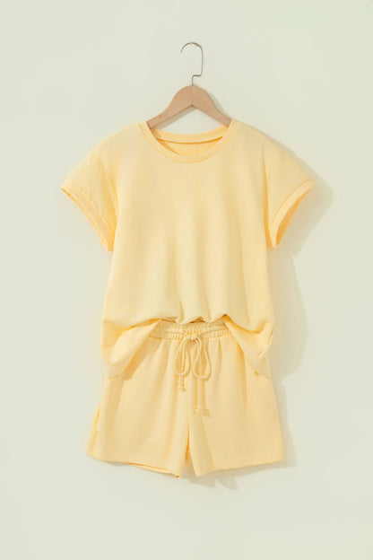 Solid Embroidered Eyelet Patchwork Top & Shorts Set
