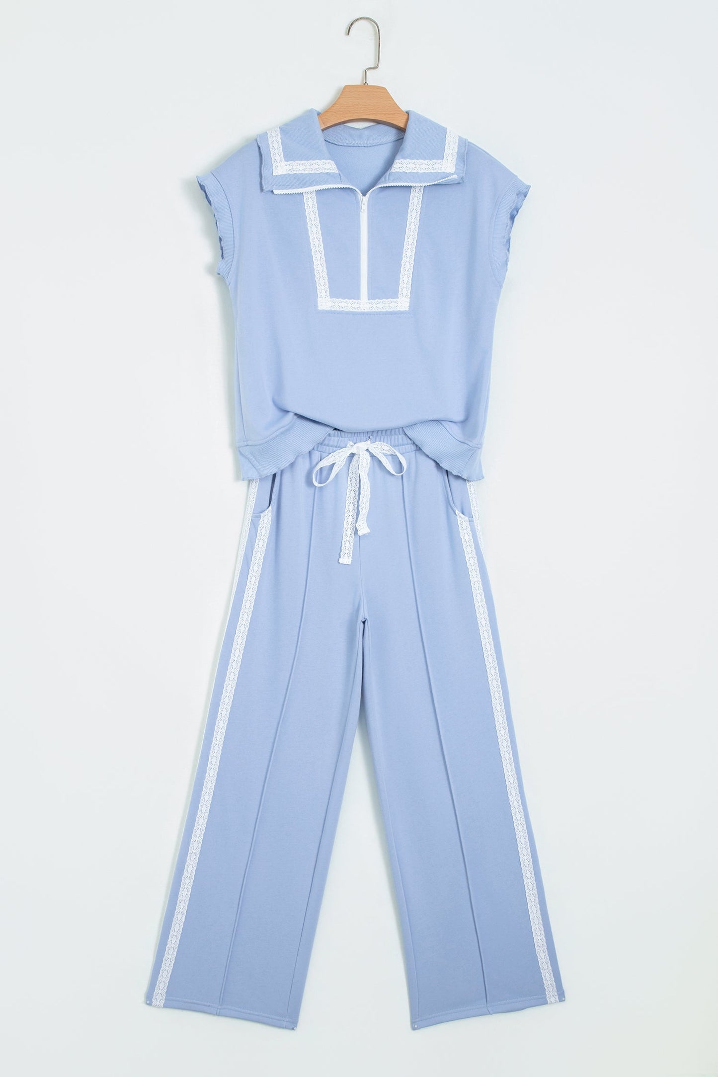 Lace Trim Zipped Top & Sweatpants Set