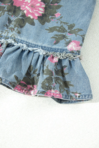 Floral Denim Raw Seam Ruffle Hem Jacket