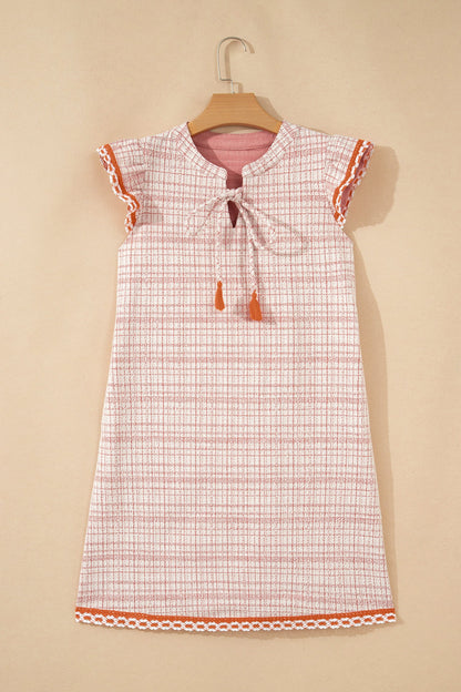 Plaid Textured Contrast Trim Tassel-Tie Mini Dress