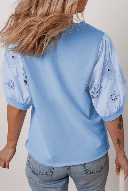 Floral Eyelet Embroidered Puff Short Sleeve Blouse
