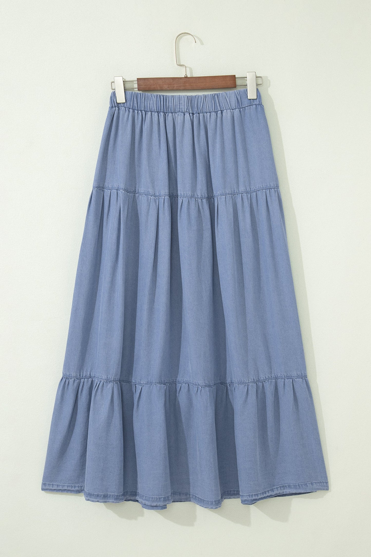 Denim Ruffle Tiered Flared Maxi Skirt