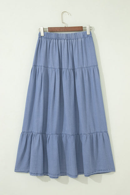 Denim Ruffle Tiered Flared Maxi Skirt