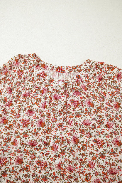 Floral Pleated Notched Neck Puff Sleeve Blouse