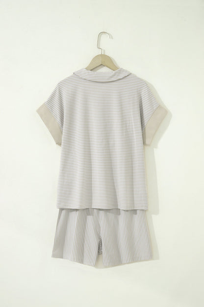 Stripe Dolman Sleeve Polo Shirt & Drawstring Shorts Set