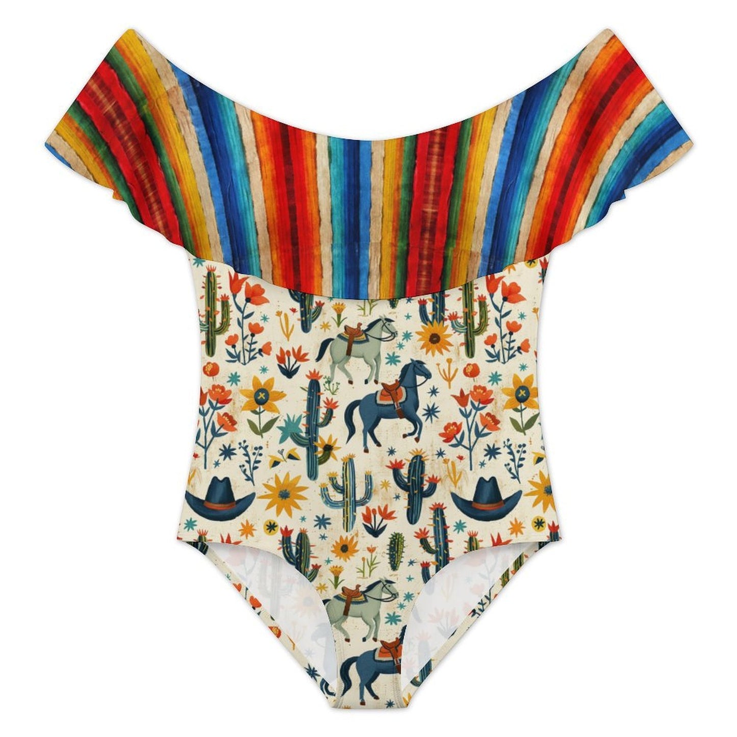 South Of The Border Serape Off-Shoulder Ruffle One-Piece Swimsuit