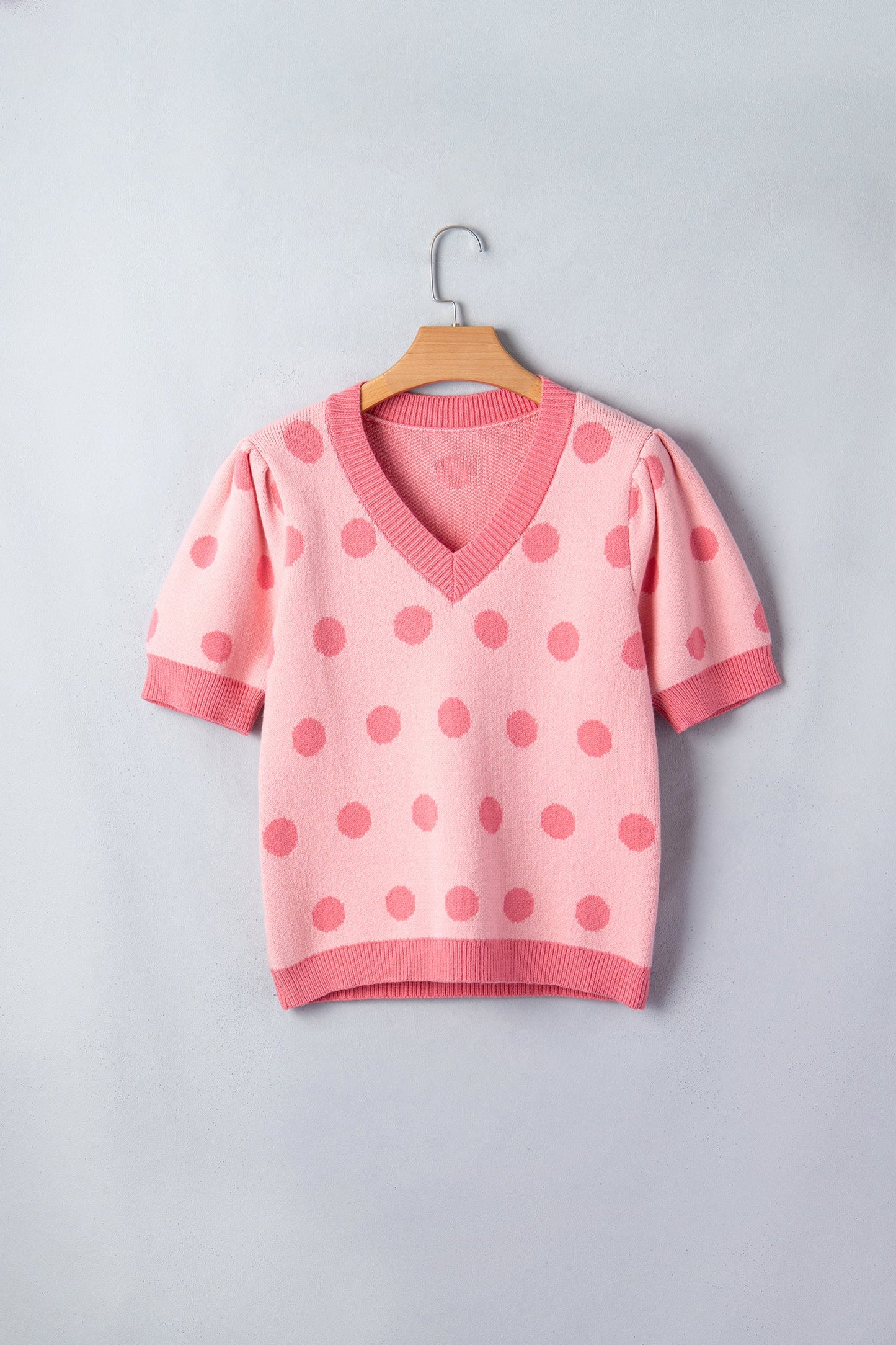 Polka Dot Puff Short Sleeve V-Neck Sweater