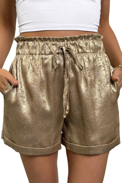 Metallic Tie Elastic Waist Cuffed Hem Shorts