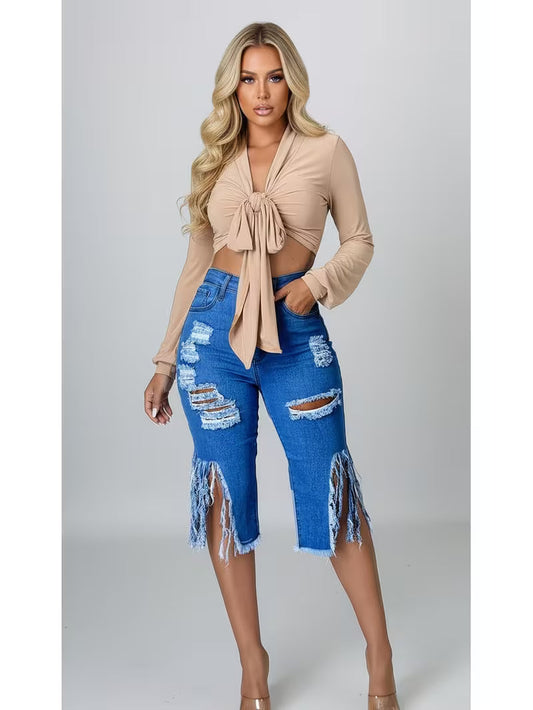 Women's High Waist Ripped Denim Capri Pants | Distressed Fringe Side Slit Cropped Jeans