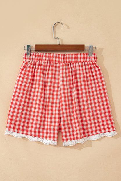 Gingham Plaid Tie Waist Lace Hem Shorts