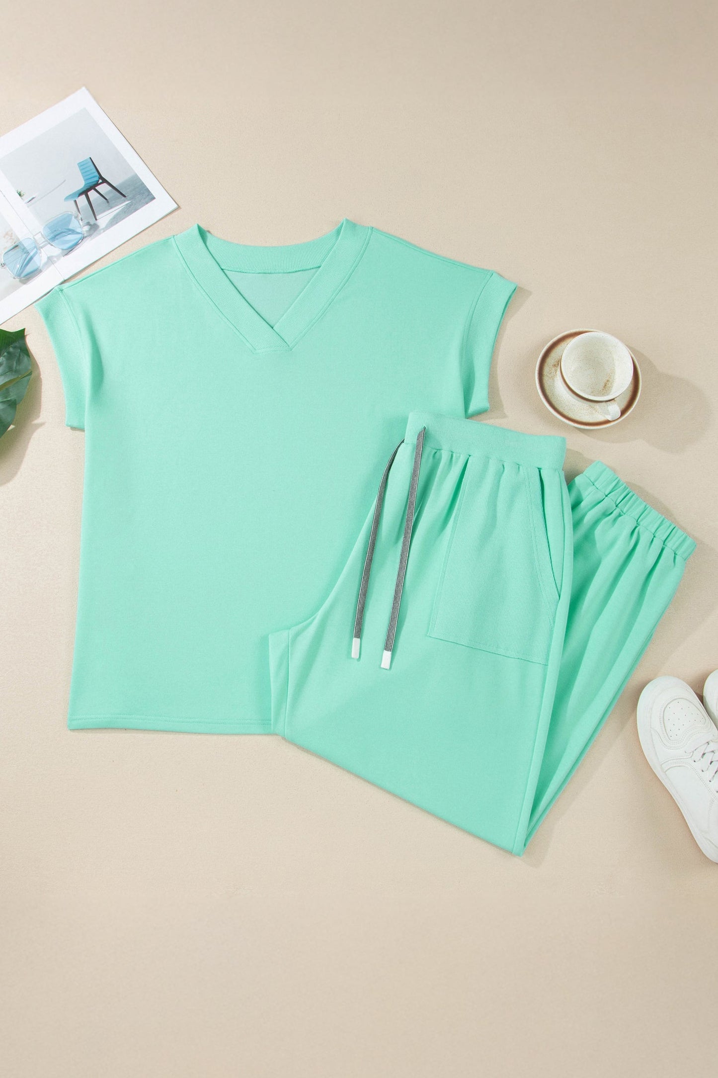 Plus Size Solid V-Neck Tee & Drawstring Pants Set