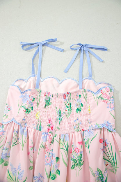 Floral Contrast Trim Tie Strap Midi Dress