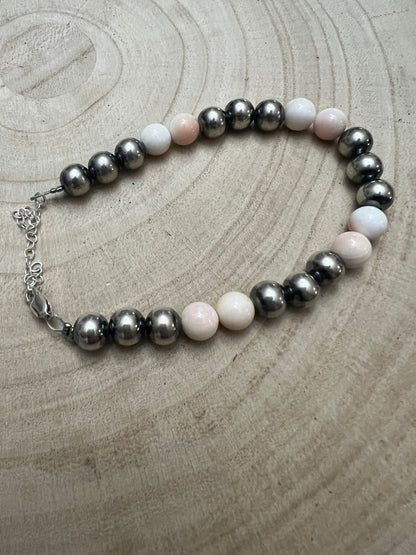 8mm Sterling Pearl Bracelet with Pink Conch — 6 inch