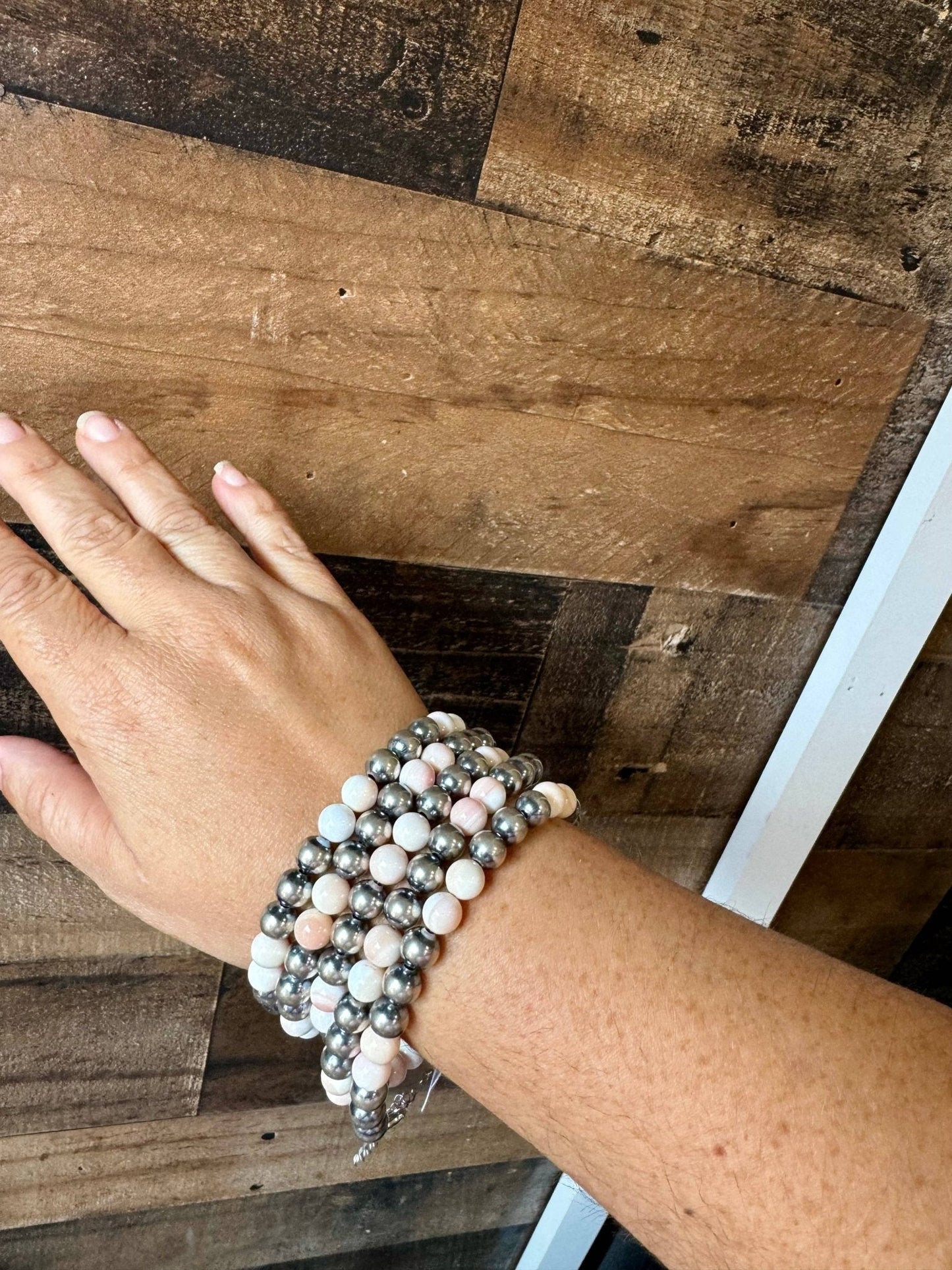 8mm Sterling Pearl Bracelet with Pink Conch — 6 inch