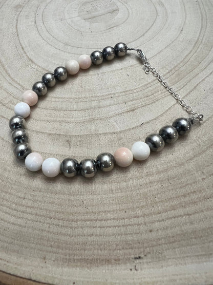 8mm Sterling Pearl Bracelet with Pink Conch — 6 inch