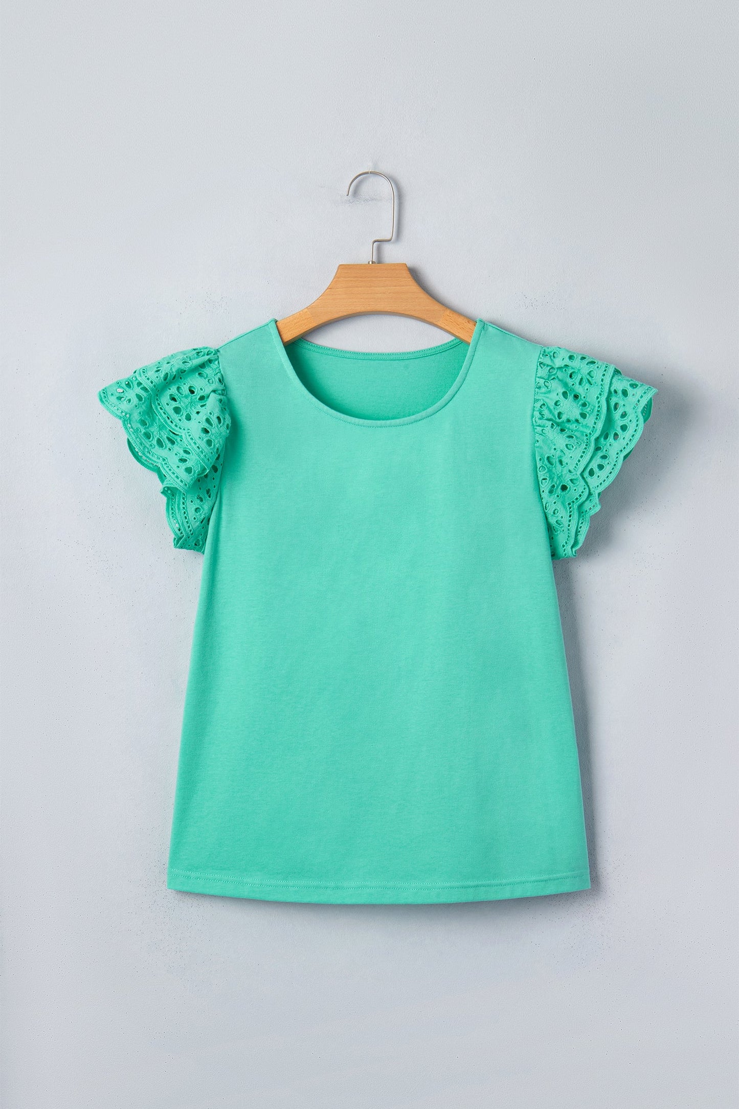 Solid Eyelet Lace Ruffle Cap Sleeve Top