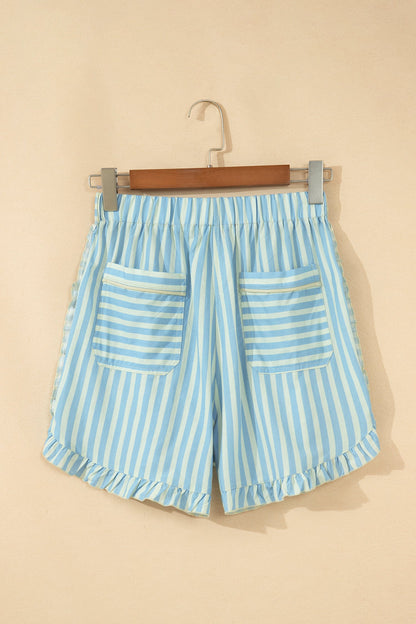 Stripe Ruffle Trim Elastic Waist Shorts