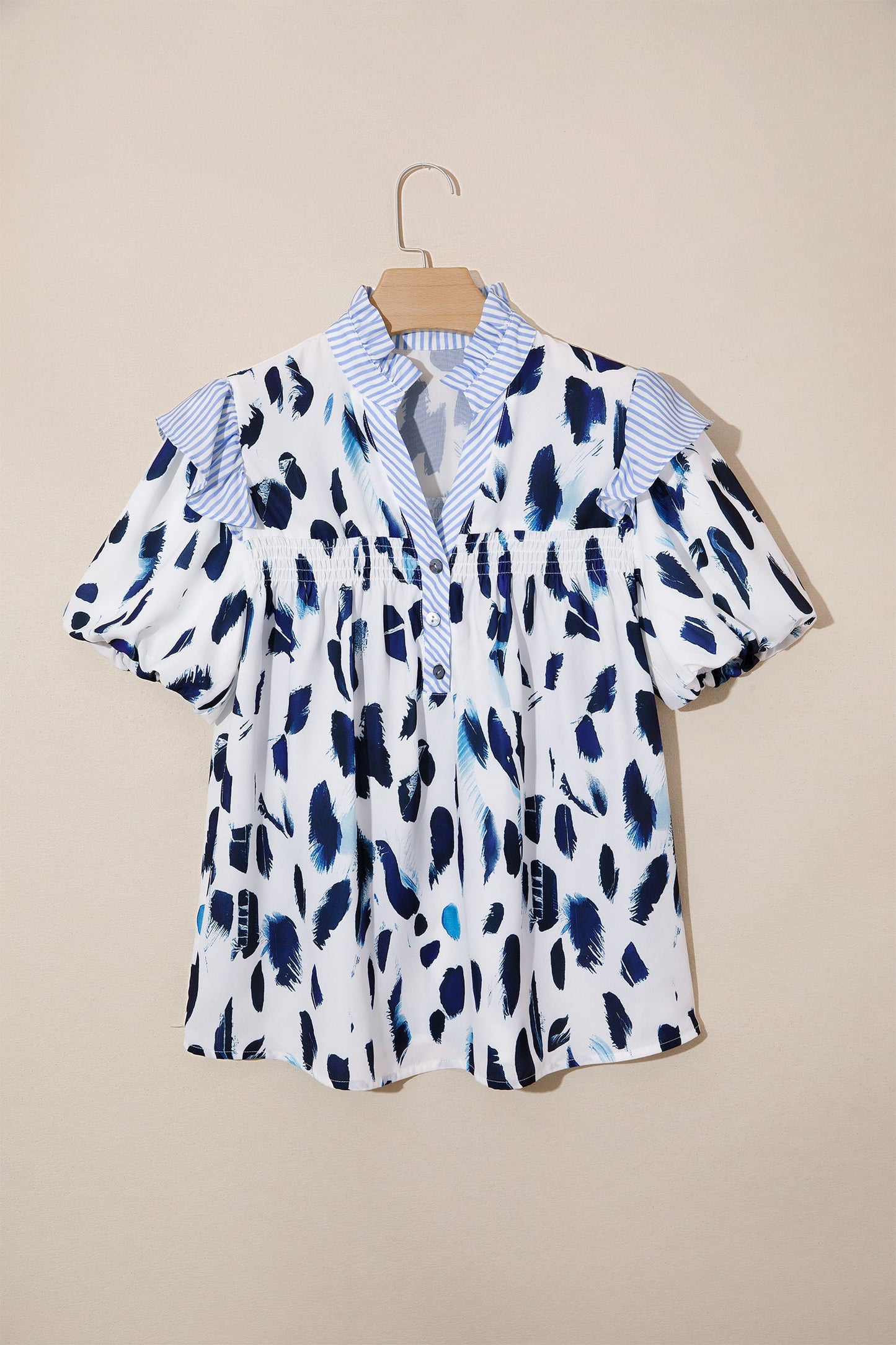 Abstract Leopard Stripe Ruffle Trim V-Neck Blouse