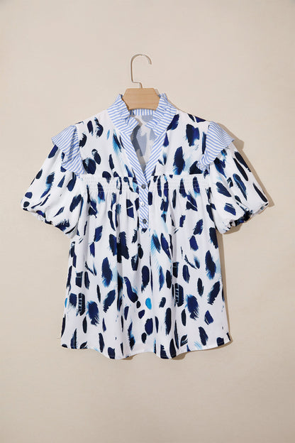 Abstract Leopard Stripe Ruffle Trim V-Neck Blouse